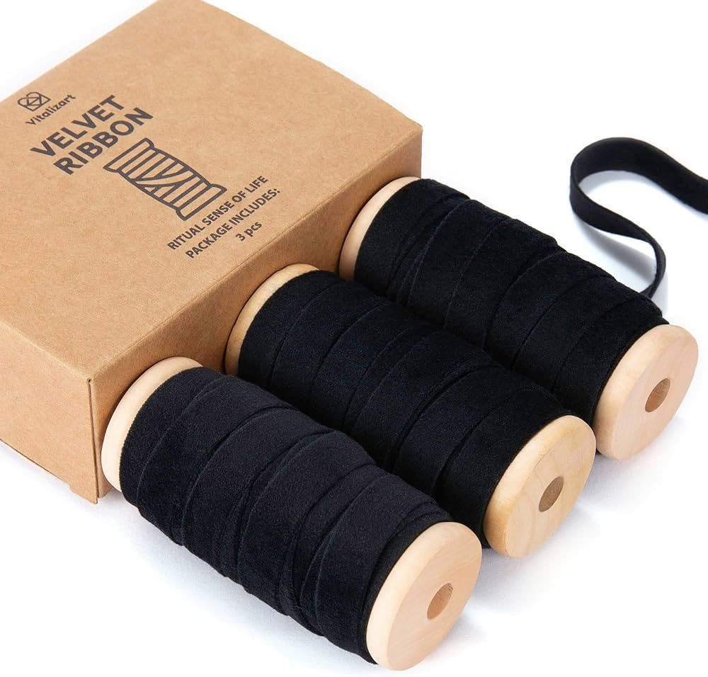Vitalizart Black Velvet Ribbon Set 3/8"" x 15Yd Wooden Spool Fabric Trim Eco-Friendly 3 Rolls * 5... | Amazon (US)