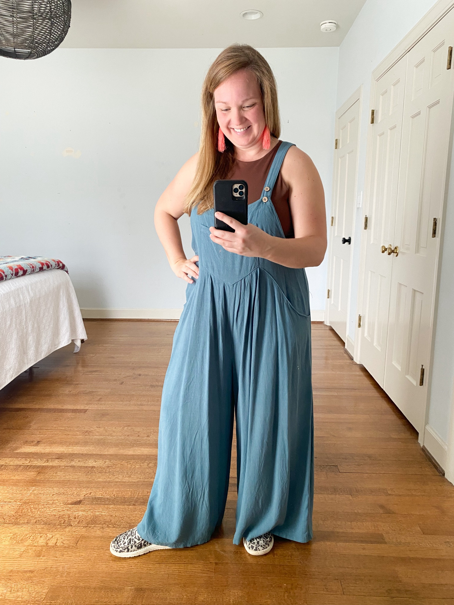 Casual family lunch outfit 🩷 I think my earrings are in coral, I have a few pairs, can’t remember exactly! Tons of color options. Overalls in lake. Check out these fun socks too! 😍