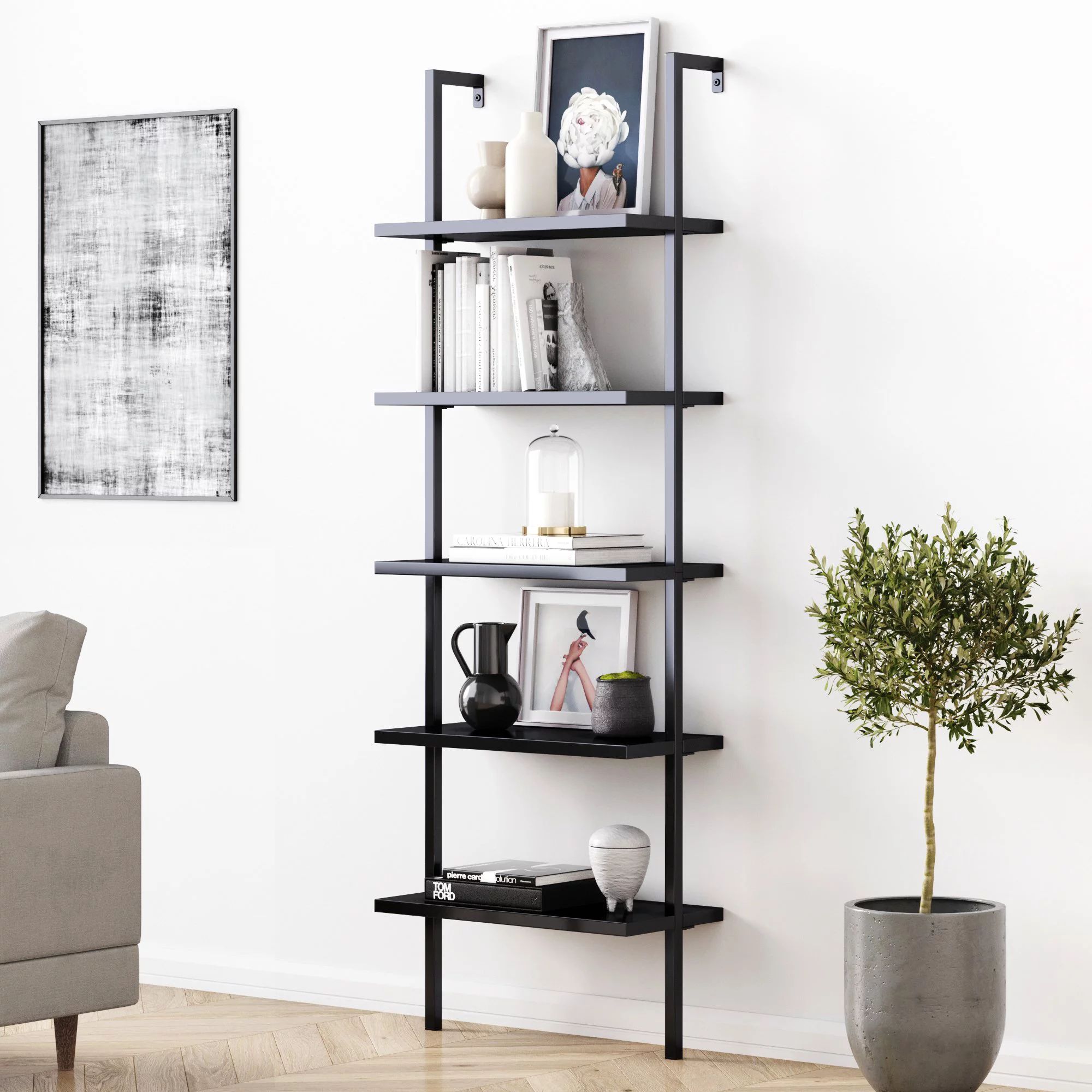 Nathan James Theo Industrial 5-Shelf Black Ladder Bookcase with Black Open Shelves and Black Meta... | Walmart (US)