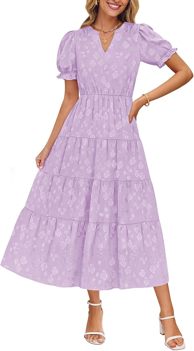 ZESICA Womens 2025 Summer Puff Short Sleeve Midi Dress V Neck Floral Textured Ruffle Flowy Beach ... | Amazon (US)