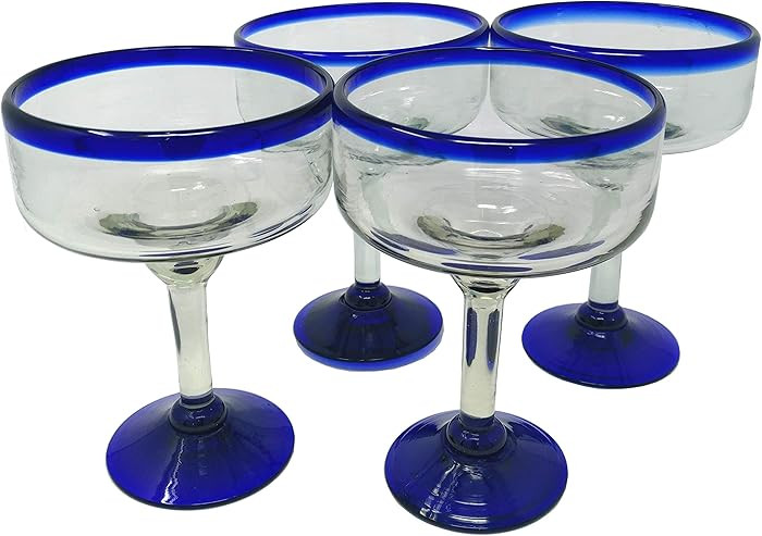 Dos Sueños Mexican Hand Blown Glass - Set of 4 Hand Blown Margarita Glasses - Cobalt Blue Rim (1... | Amazon (US)