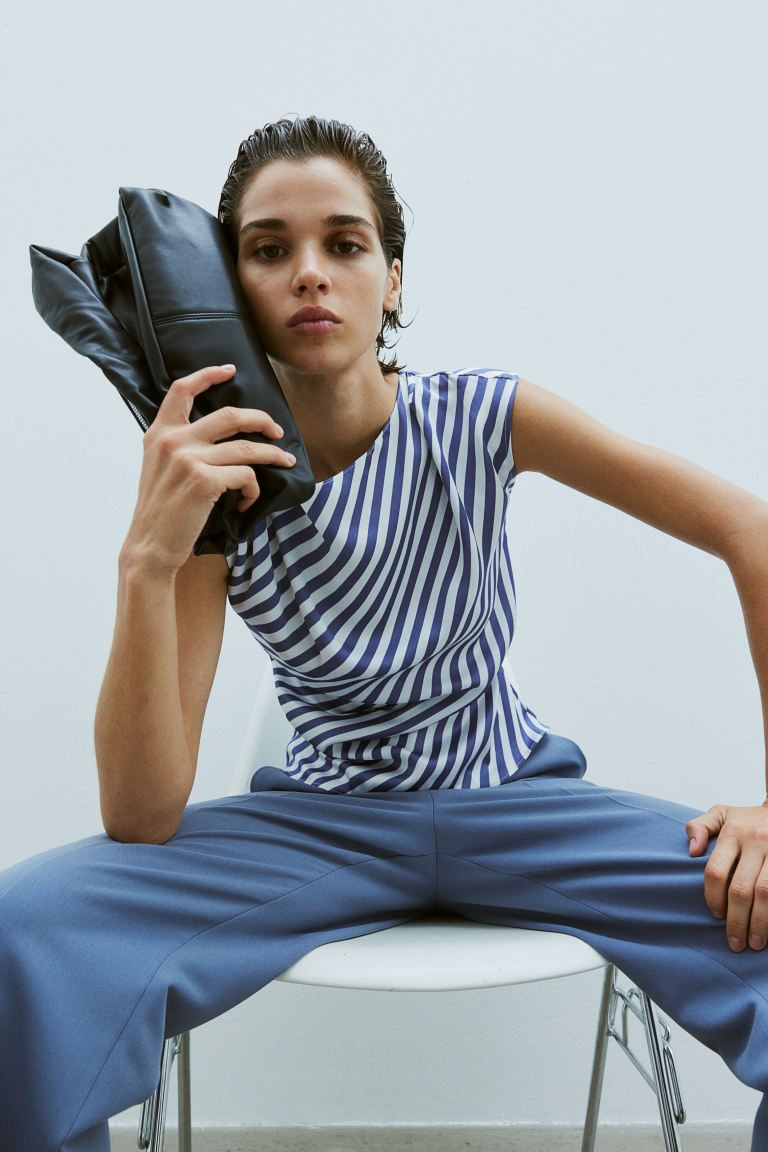 Draped Satin Top - Cowl Neck - Sleeveless - Blue/striped - Ladies | H&M US | H&M (US + CA)