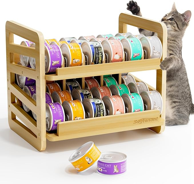 Rolling Bamboo Cat Food Can Organizer, 2-Layer Wet Cat Food Organizer and Wet Cat Food Can Storag... | Amazon (US)