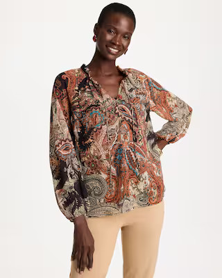 Women's Printed Georgette Ruffled Tie-Neck Blouse in Black | Chico's | Chico's