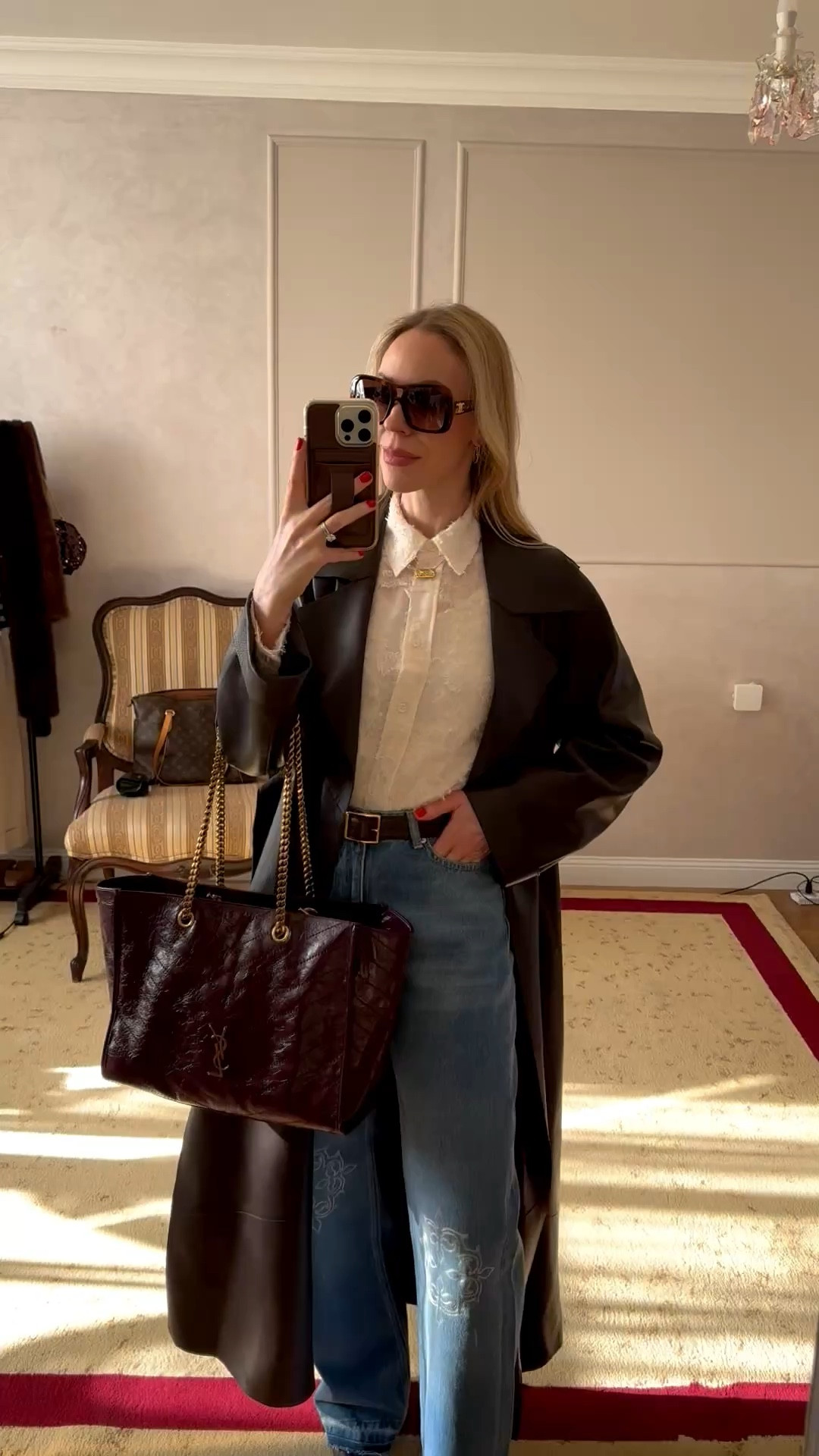 Work outfit, business casual, leather trench coat, lace top, aviator sunglasses, embroidered denim, wide leg jeans

#LTKOver40 #LTKWorkwear #LTKSeasonal