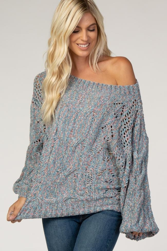 Blue Chenille Cable Knit Marled Sweater | PinkBlush Maternity