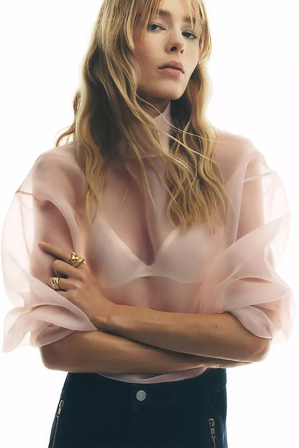 Maeve Sheer Long-Sleeve High-Neck Blouse | Anthropologie (US)