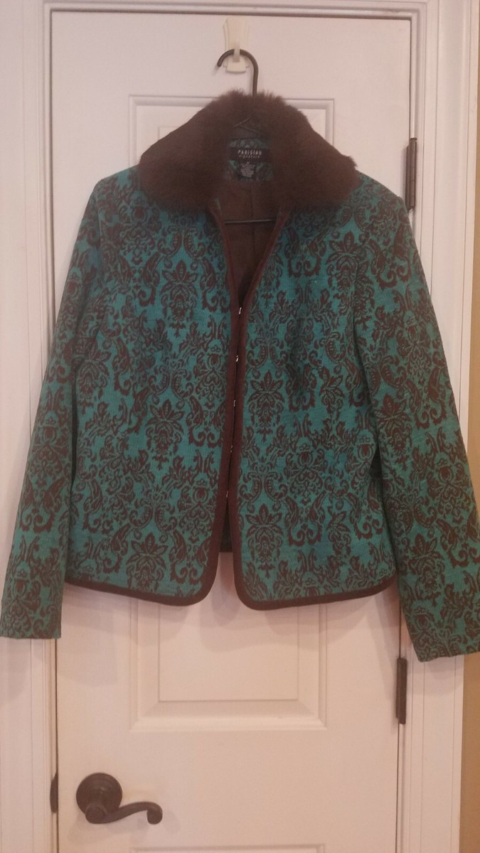 Vintage Parisian Signature teal brown Damask Brown Rabbit Fur Collar Jacket, 12 | eBay US