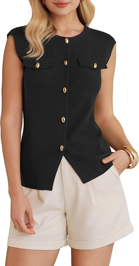 Arach&Cloz Women's Button Down Slit Hem Business Casual Sleeveless Blazers Vest Tops 2026 | Amazon (US)