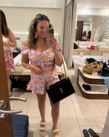 Vacation outfit. Matching set. Pink lily. Beach vacation. Sandals. Designer purse. YSL crossbody purse. Vacation look. 

#LTKTravel #LTKSeasonal