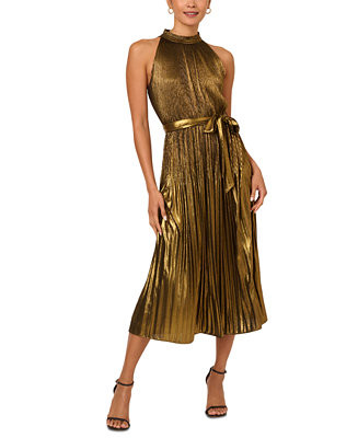 Adrianna Papell Women's Metallic Pleated Tie-Waist Halter Dress - Macy's | Macy's