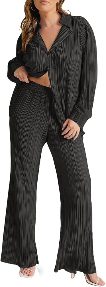 2 Piece Outfits for Women Wide Leg Pants Sets Casual Long Sleeve Button Down Shirt Solid Streetwe... | Amazon (US)