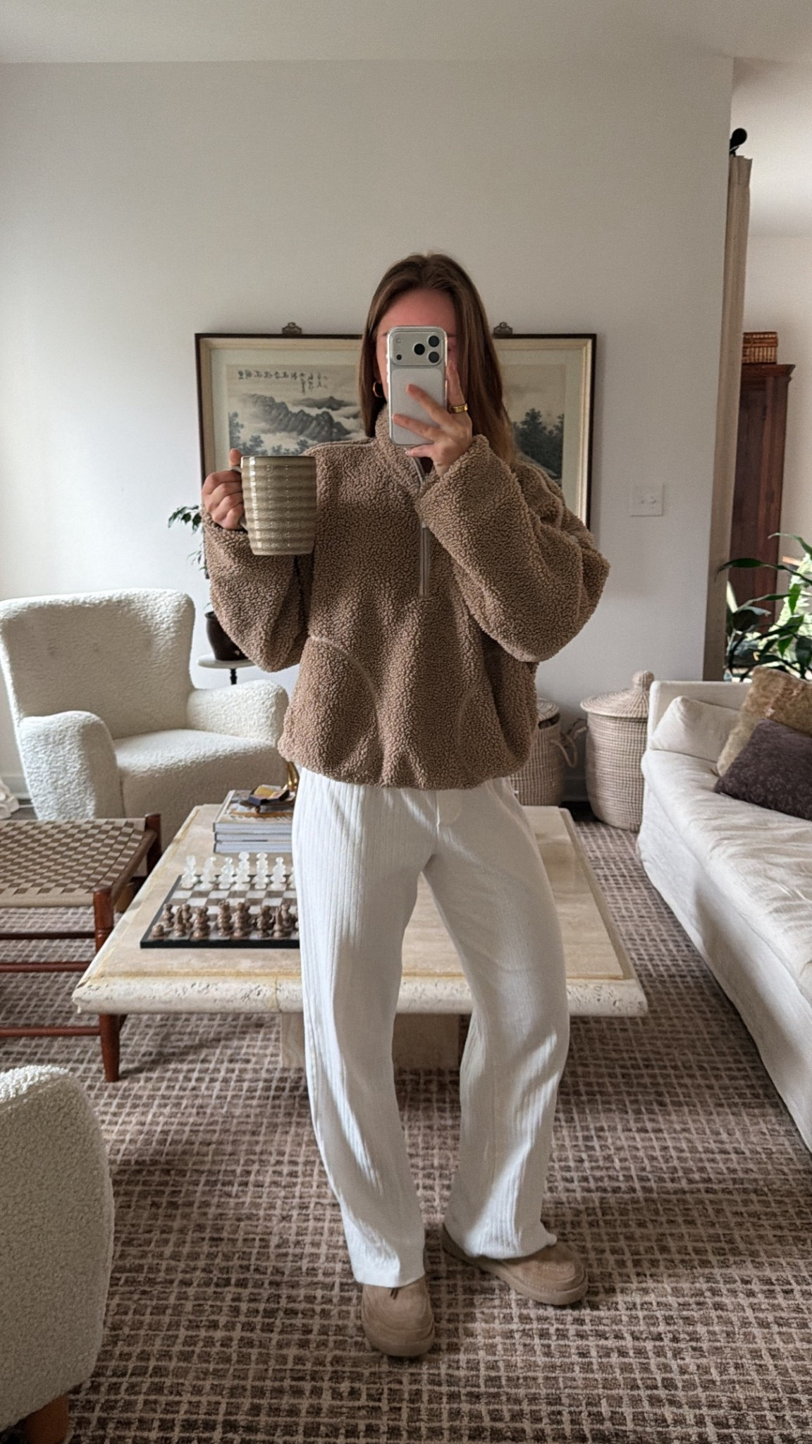 11/20/25 cozy mornings done right — cozy, neutral, and comfy. Linking my beige fleece quarter zip from Old Navy (wearing size medium). The perfect combo for slow mornings, and coffee at home. ☁️



#LTKootd #LTKmorningroutine
