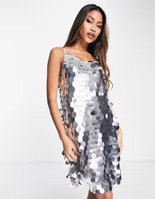 River Island sequin slip mini dress in silver | ASOS (Global)