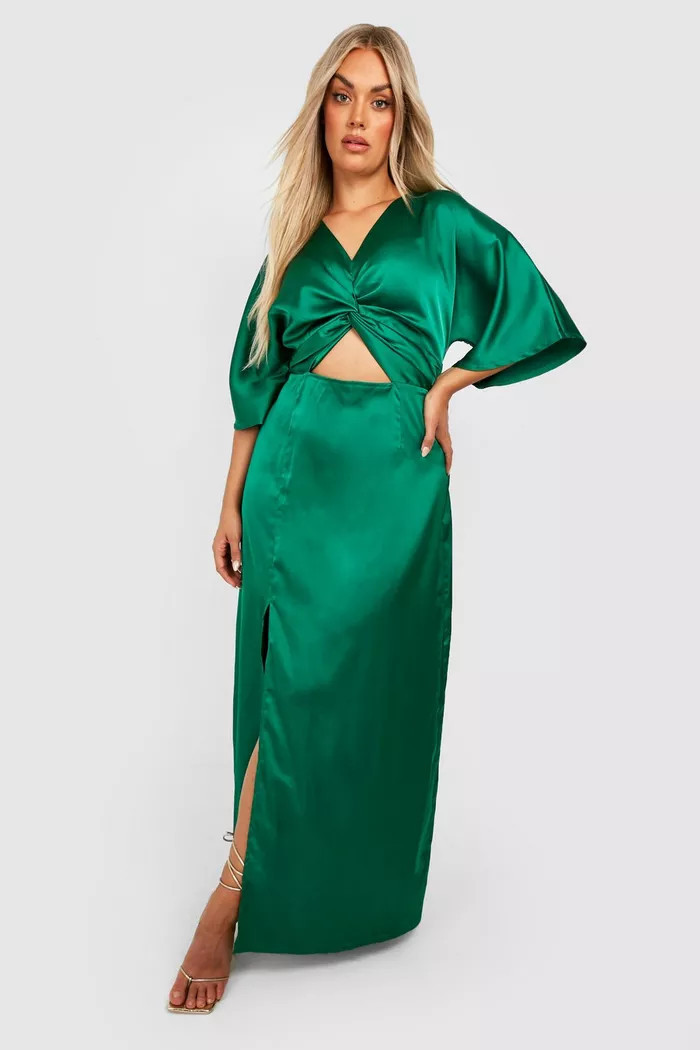 Plus Satin Angel Sleeve Split Maxi Dress | Boohoo.com (US & CA)
