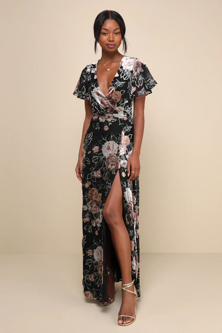Adorable Status Black Floral Velvet Burnout Tie-Back Maxi Dress | Lulus (US)