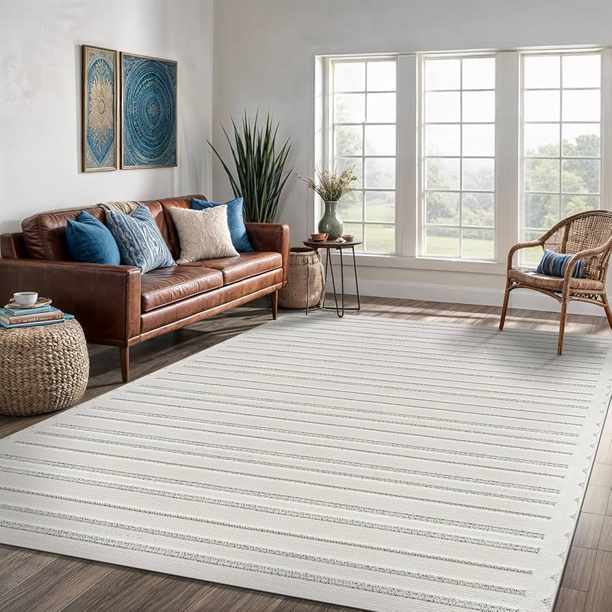 Indoor Area Rug 6x9 White Polyester Indoor Rugs Stripes Soft Loop Easy Clean Carpet for Living Ro... | Amazon (US)