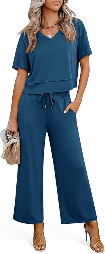 Tankaneo Womens 2 Piece Sets Casual Tracksuits Short Sleeve Tops Wide Leg Pants Outfits Lounge Se... | Amazon (US)