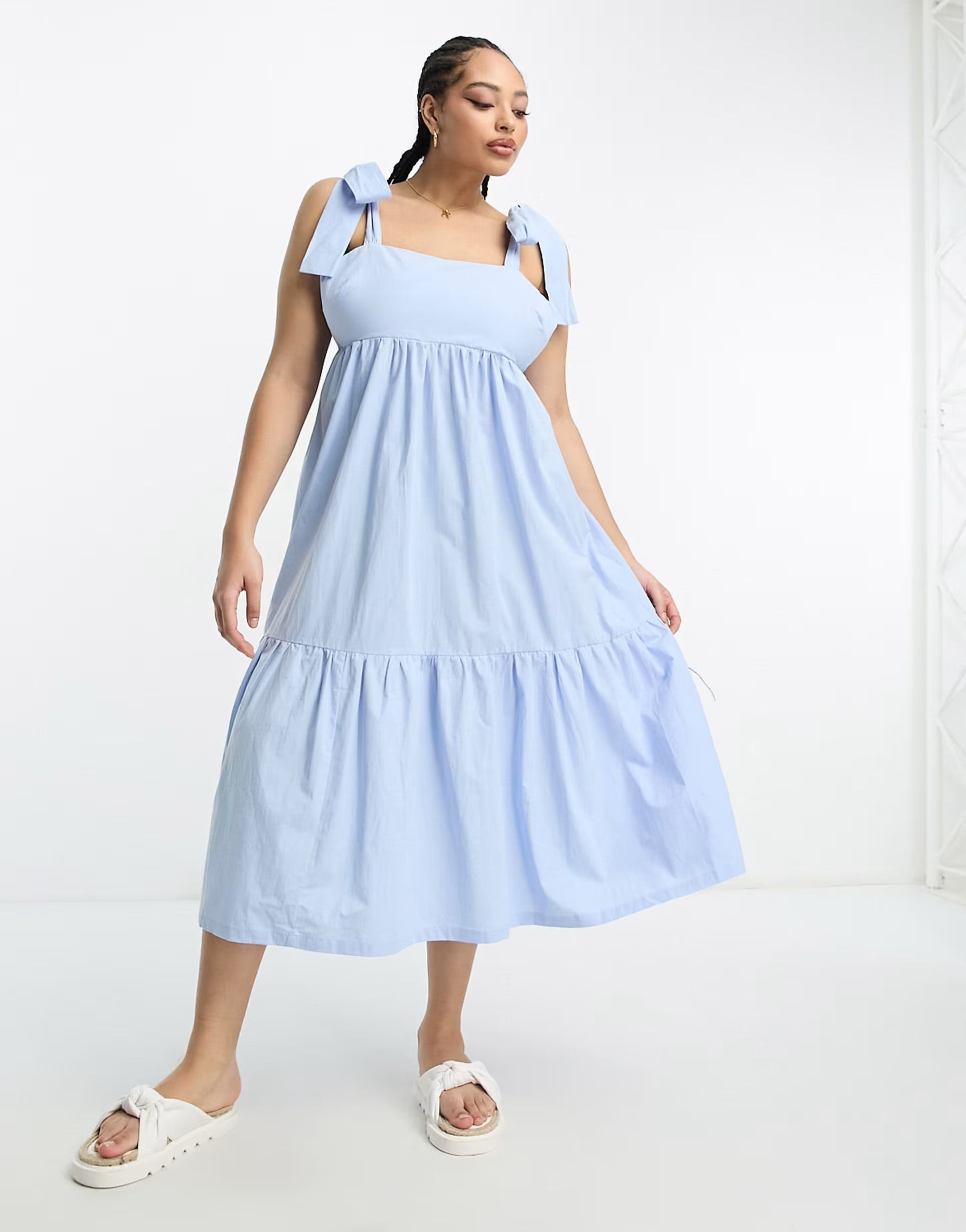 The Frolic Plus tiered midi dress with tie straps in blue poplin | ASOS (Global)