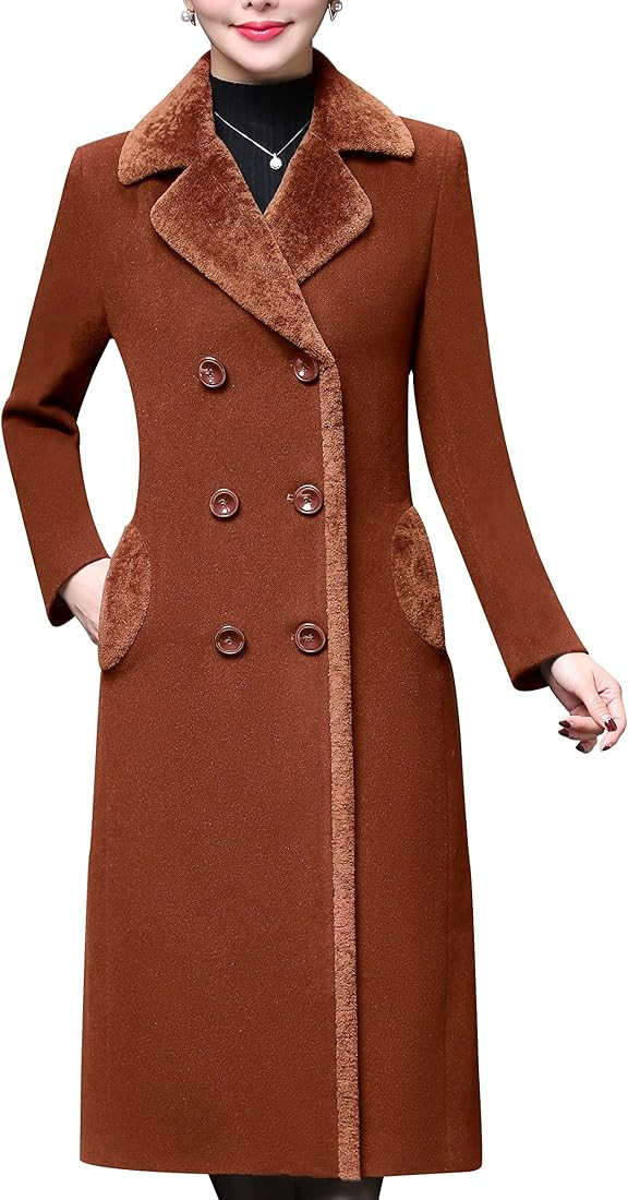 Aprsfn Women's Double-breasted Notched Lapel Midi Wool Blend Pea Coat Jackets | Amazon (US)