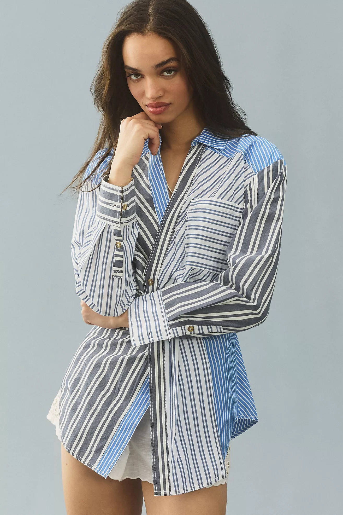 Pilcro Reworked Mixed Stripe Buttondown Shirt | Anthropologie (US)