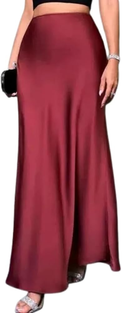 Women's Maxi Skirt High Waist Silky Casual Elastic Satin Midi Skirt A Line Long Skirt | Amazon (US)