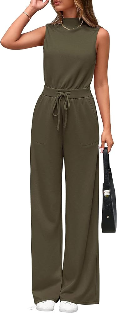 PRETTYGARDEN Jumpsuits for Women Dressy 2025 Summer One Piece Outfits Casual Sleeveless Mock Neck... | Amazon (US)