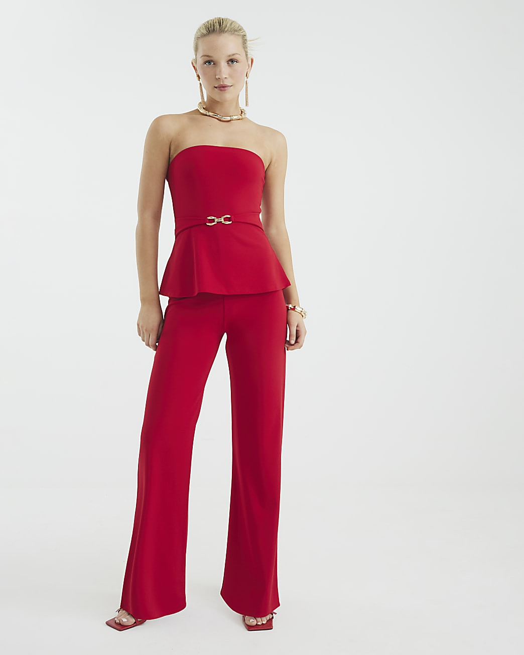 Red Sleeveless Belted Bandeau Jumpsuit | River Island UK & IE