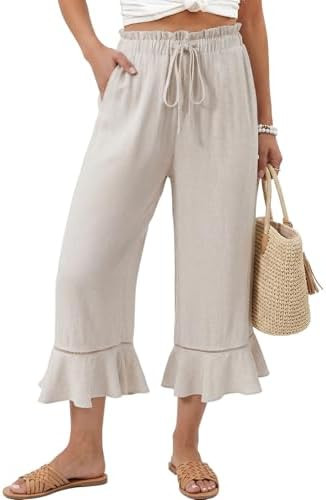 EVALESS Linen Pants Women Summer Casual Wide Leg Drawstring Elastic Waist Ruffle Hem Capri Pants ... | Amazon (US)