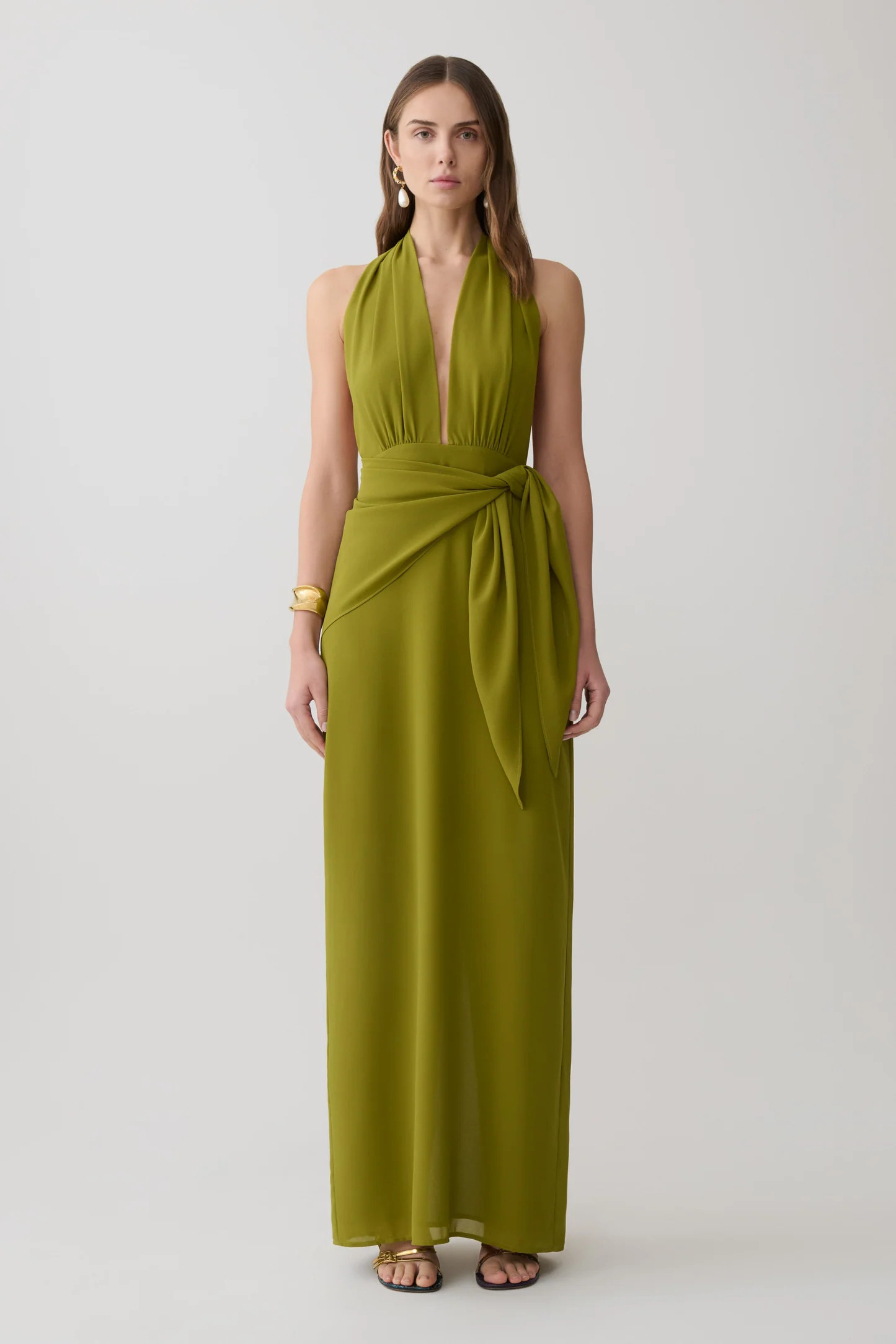 Gianna Satin Halter Maxi Dress - Olive | MESHKI US
