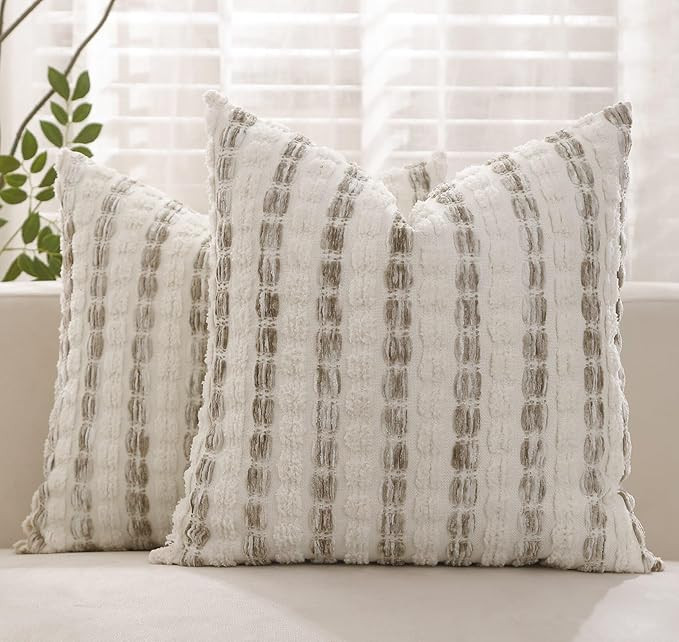 Pillow Covers 20x20 Set of 2 Beige Striped Throw Pillow Covers Chenille Decorative Pillows Square... | Amazon (US)