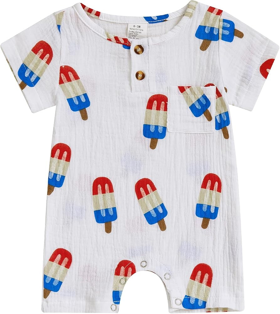 Newborn 4th of July Outfit Boy Girl Ice Cream Cotton Linen Romper First Fourth of July Baby Outfi... | Amazon (US)