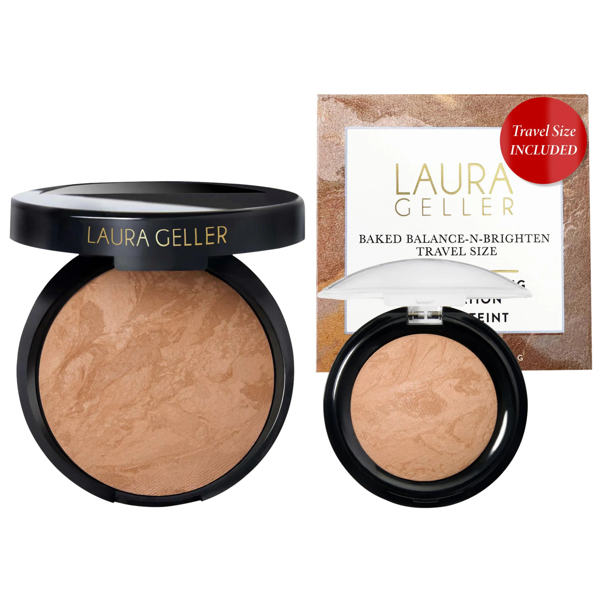 Laura Geller Balance and Brighten Color Correcting Baked Powder Foundation, Full Size + Deluxe Mini Golden Medium 0.32 oz (full) 0.05 oz (mini)/9 g (full ) 1.5 g (mini) | Sephora (US)