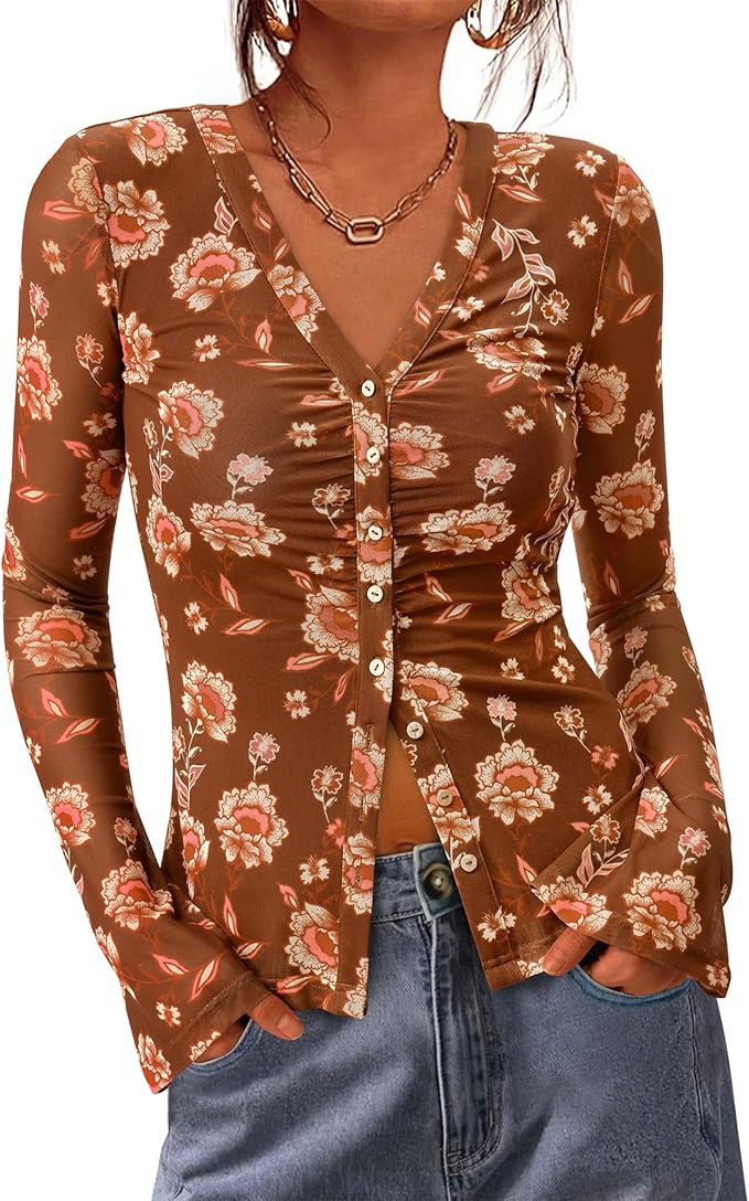 BTFBM Button Down Shirts for Women Fall Fashion 2025 V Neck Long Sleeve Blouse Ruched Mesh Fitted... | Amazon (US)