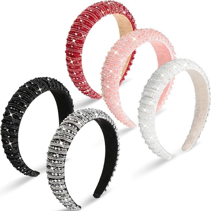 5 Pieces Valentine's Day Rhinestone Padded Headband Crystal Beaded Glitter Hairband Wide Edge Bej... | Amazon (US)