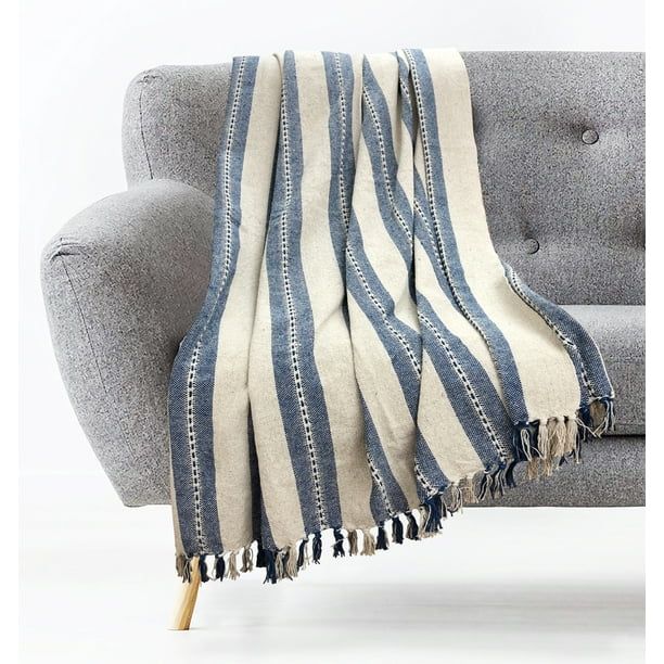 Marlo Stripe Blue/Beige Cotton Throw 50x60 | Walmart (US)