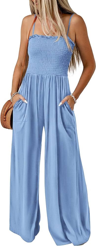 PRETTYGARDEN Women's Summer Jumpsuits Dressy Casual One Piece Outfits Linen Smocked Spaghetti Str... | Amazon (US)