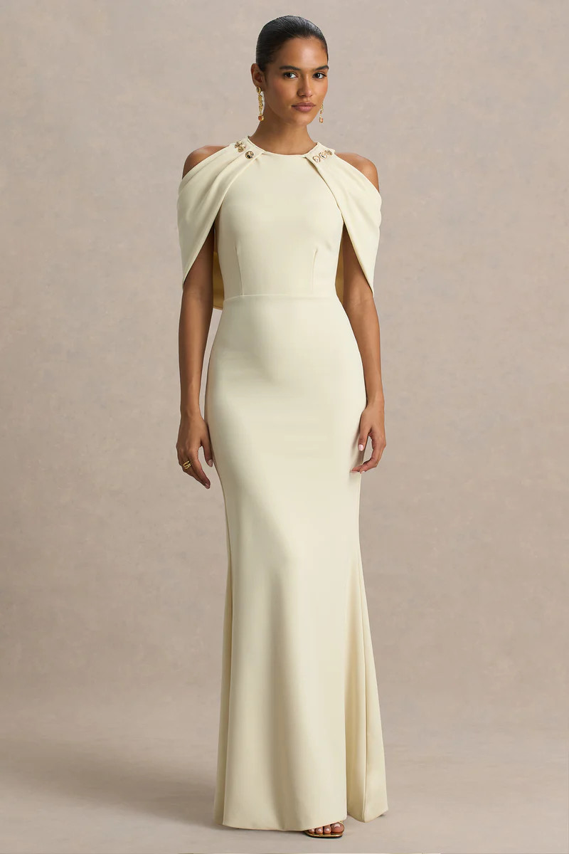 Yulia | Sand High-Neck Maxi Dress With Cape Sleeves | Club L London