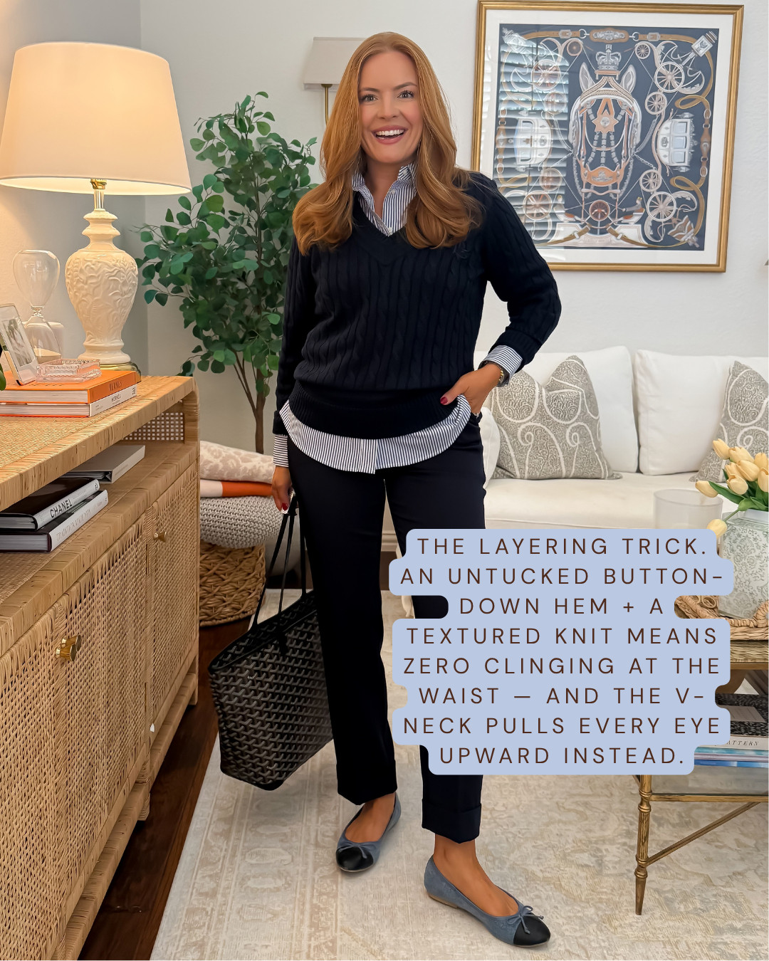 My favorite layering trick for hiding the tummy area: an untucked button-down hem under a textured sweater means zero clinging at the waist. Wearing [size] in everything#LTKMomStyle #FallWorkwear #OfficeOutfits #WorkwearStyle

#LTKWorkwear