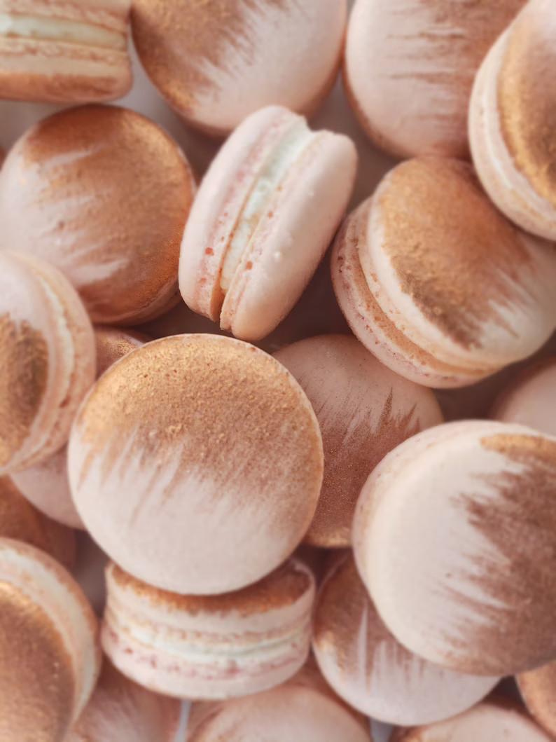 12 Pink champagne rose gold brushed French macarons,baby shower,wedding favor,baptism,bridal show... | Etsy (US)