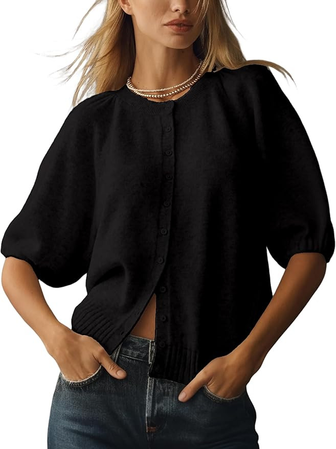 Women's Casual Half Puff Sleeves Button Down Knit Cardigan | Soft Fluffy Knit Fabric, Elastic Hal... | Amazon (US)
