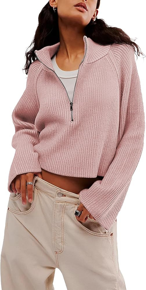 Women's Half Zip Knit Pullover Sweaters 2024 Fall Long Sleeve V Neck Casual Loose Cropped Jumper ... | Amazon (US)