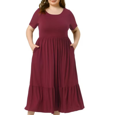 Agnes Orinda Women's Plus Size Short Sleeve Crew Neck Basic Swing Flowy Ruffle Maxi A Line Dresses Burgundy 4X | Target