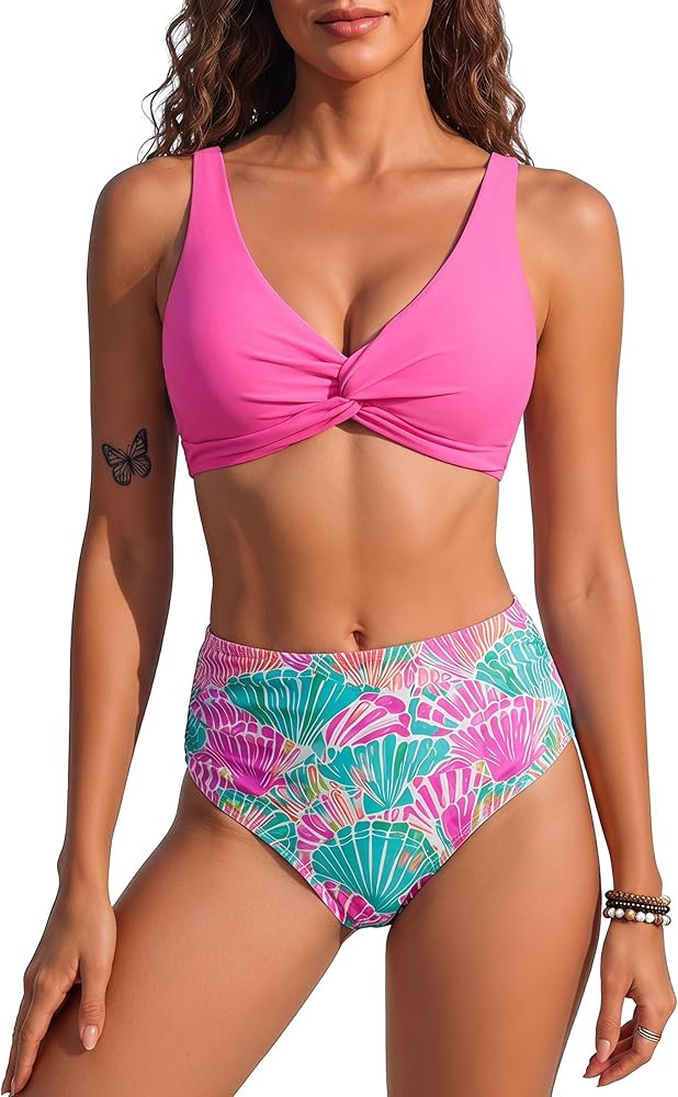 HORISUN High Waist Bauchweg Bikini Set f\u00fcr Damen mit Twist Front V Ausschnitt gepolsterten E... | Amazon (DE)