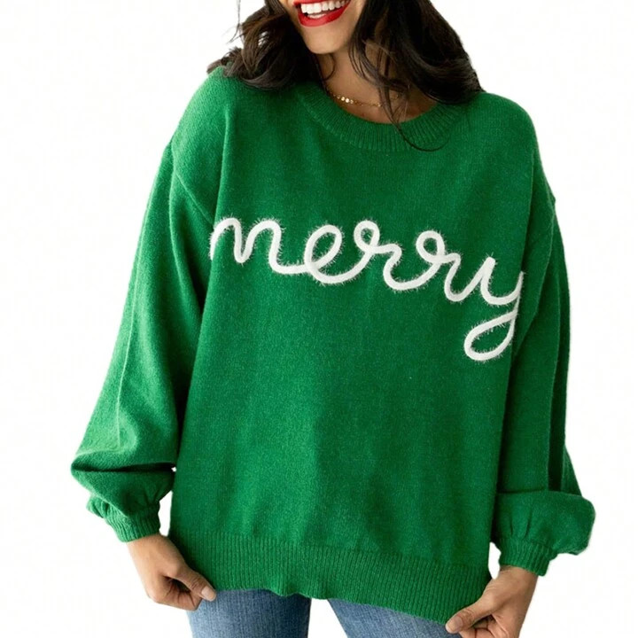 Women's Christmas Sweaters Long Sleeve Round Neck Merry Letter Embroidery Loose Knitted Pullover ... | SHEIN