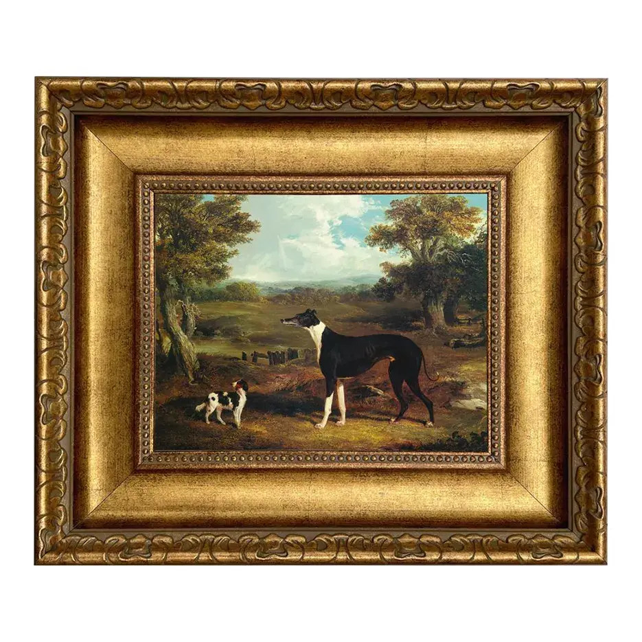 Greyhound and King Charles Spaniel Print on Canvas in Wide Antiqued Gold Frame- 8x10 Framed to 14... | Chairish