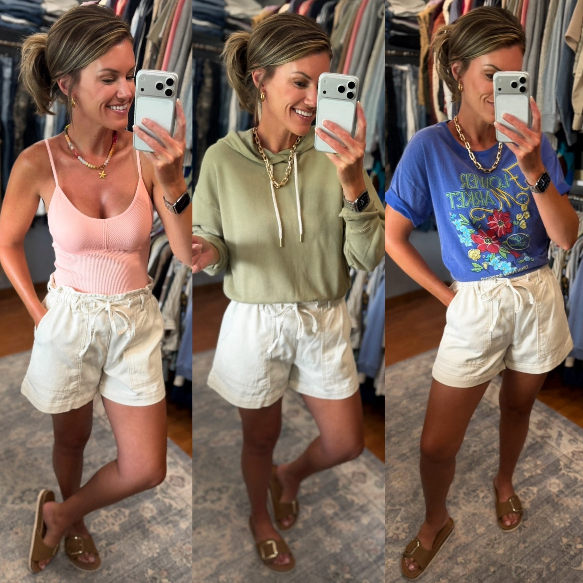 Mom approved tie waist shorts. I think I need them in all the colors. Obsessed!! 
Tank/ medium
Sweatshirt and tee / small 
Shorts/ mediumm

#LTKSeasonal #LTKmomlife #LTKOver40