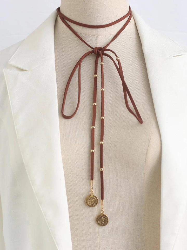 1pc Boho Long Leather Necklace Black Leather Wrap Choker Necklace Vintage Disc Coin Necklace Vagan Suede Necklace Chain Jewelry For Women And Girls | SHEIN