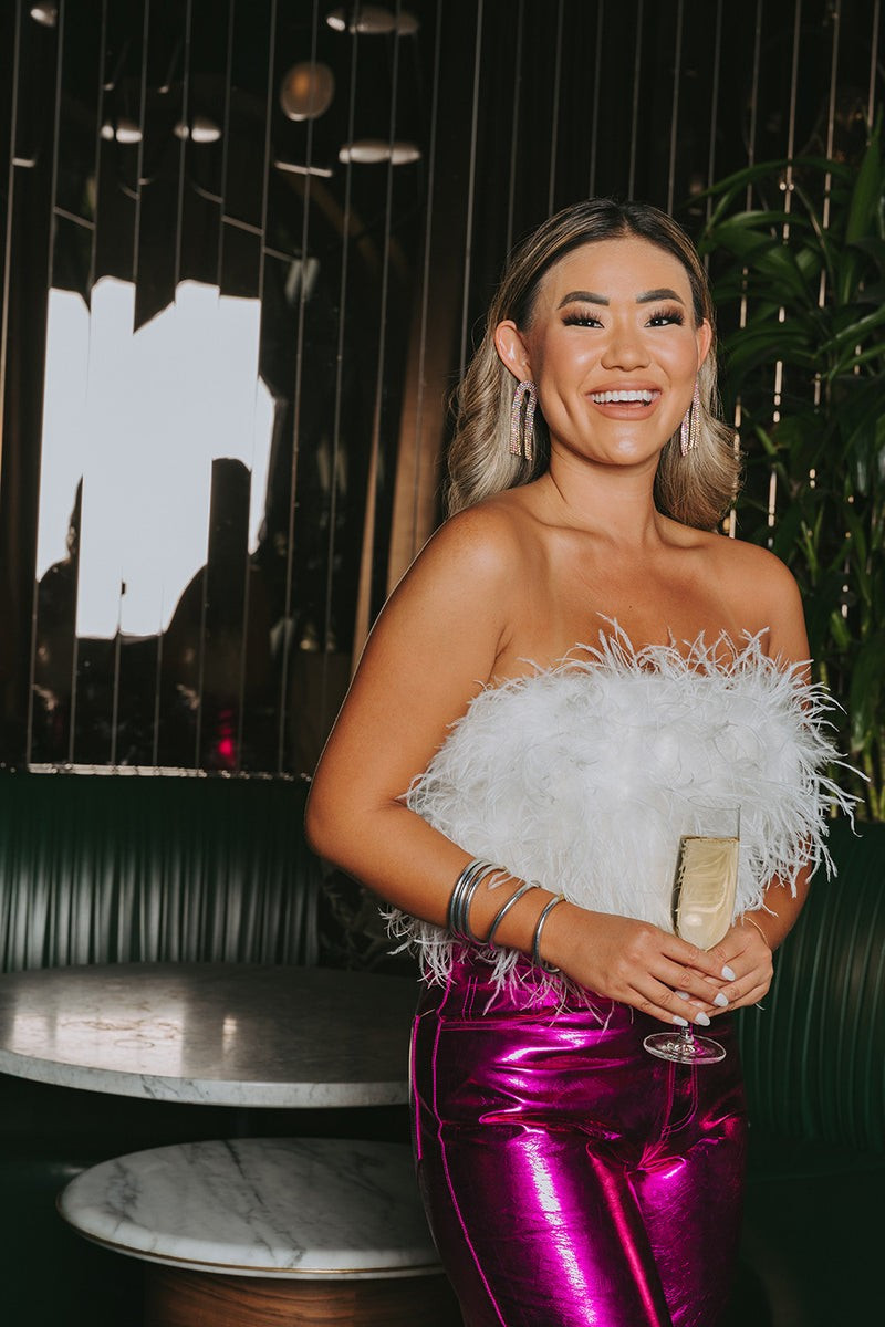 BuddyLove | Fancy Strapless Feather Crop Top | White | BuddyLove