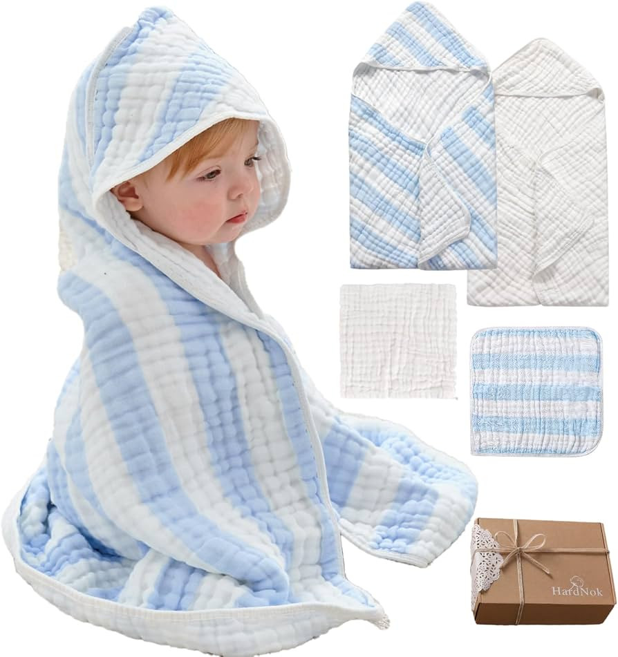 Muslin Hooded Baby Towel 4 Pack, Preuim Muslin 6 Layers Natural Cotton Baby Bath Towels, Soft and... | Amazon (US)